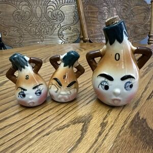Vintage Anthropomorphic Onion‎ Oil Cruet & Salt/Pepper Shakers Relco Japan